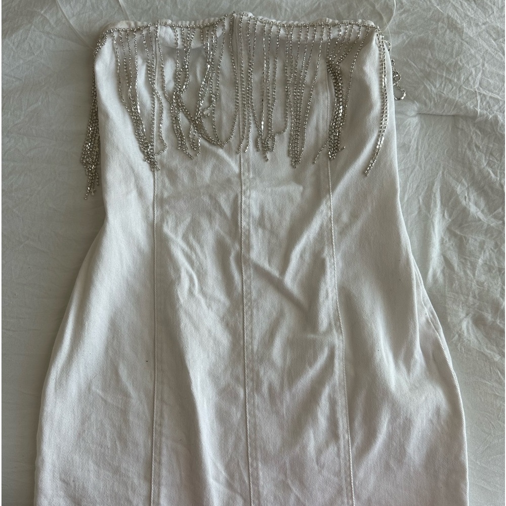 12th Tribe Riley White Denim Strapless Fringe Mini Dress